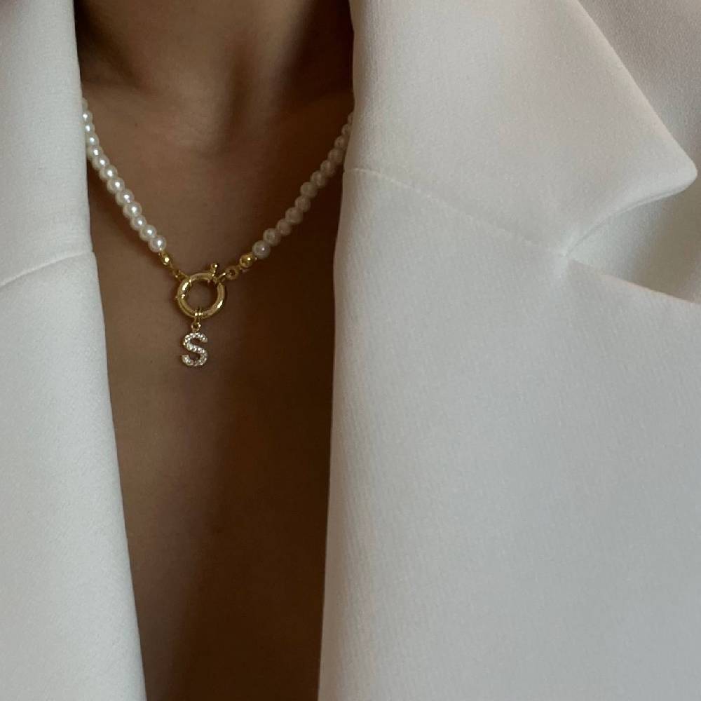 Kardelen Pearl Chain zirkonia Buchstaben Halskette - 925 SILBER 50% Rabatt für begrenzte Zeit
