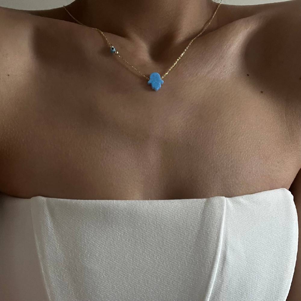 Kardelen Fatimas Hand Opal Kette mit Nazar - 925 SILBER zollfrei