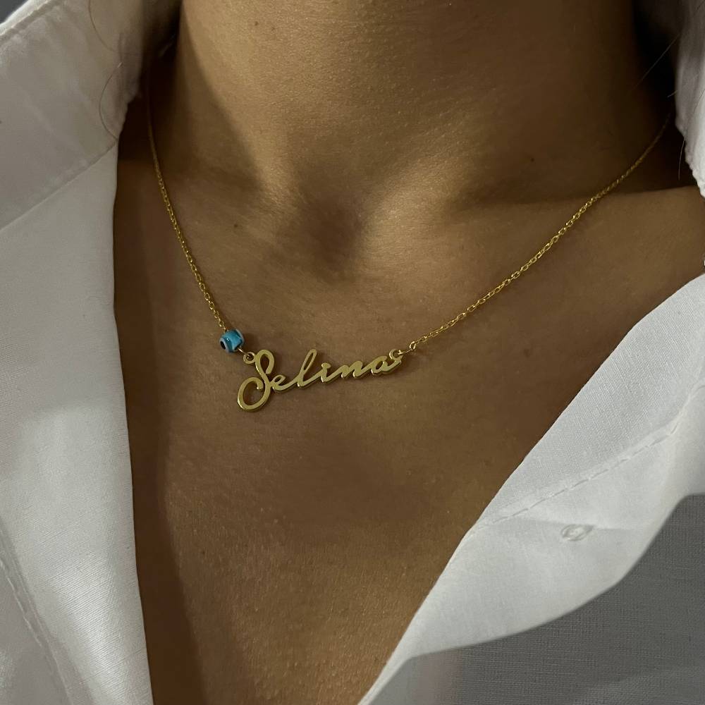 Kardelen Signatur Kette - Waagerecht mit Blaue Nazar Auge - 925 SILBER Auslauf