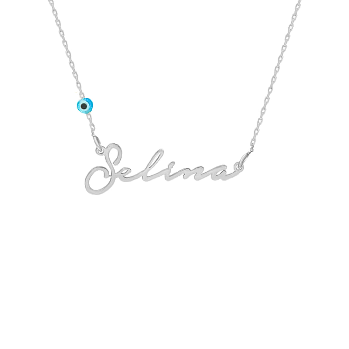 Kardelen Signatur Kette - Waagerecht mit Blaue Nazar Auge - 925 SILBER Auslauf