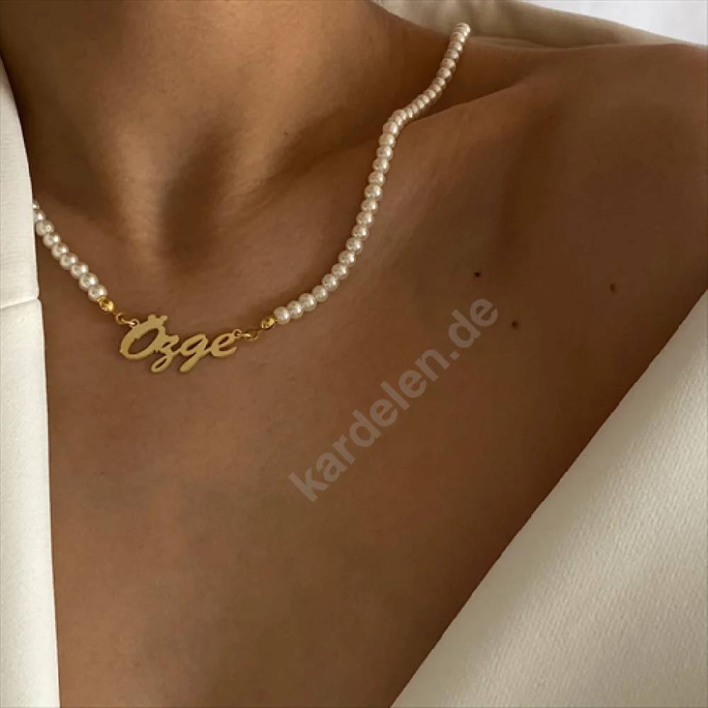Kardelen Signatur Kette Waagerecht mit Perlen - 925 SILBER Saisonschlussverkauf