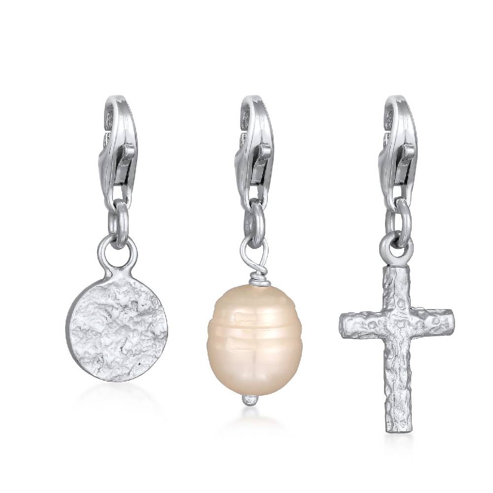 Kuzzoi Charm-Set Kreuz Plättchen Perle | Süßwasserzuchtperle Super Sparpreis