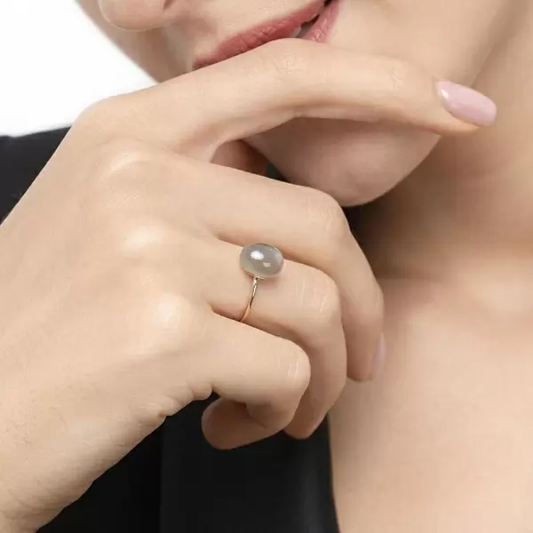 Leaf Jewelry Ring Cabochon II, 14 K Rosegold, Grauer Mondstein Preisnachlass