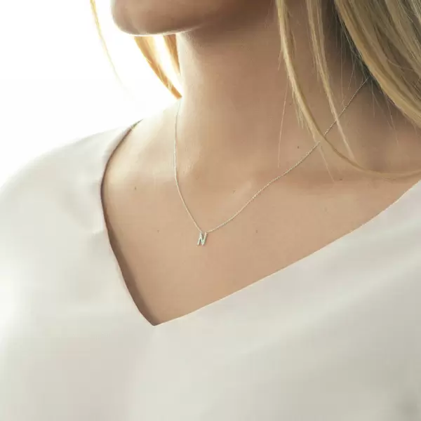Leaf Jewelry Halskette Letter "N", 14 K Weißgold mit Diamanten Clearance-Verkauf