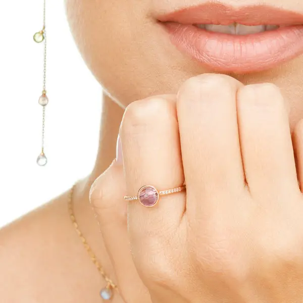 Leaf Jewelry Ring Amethyst mit Diamanten, 14K Rosegold, Gr.50 Günstiger Verkauf