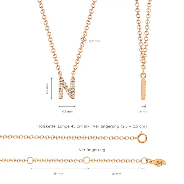 Leaf Jewelry Halskette Letter "N", 14 K Rosegold mit Diamanten Meist gekauft
