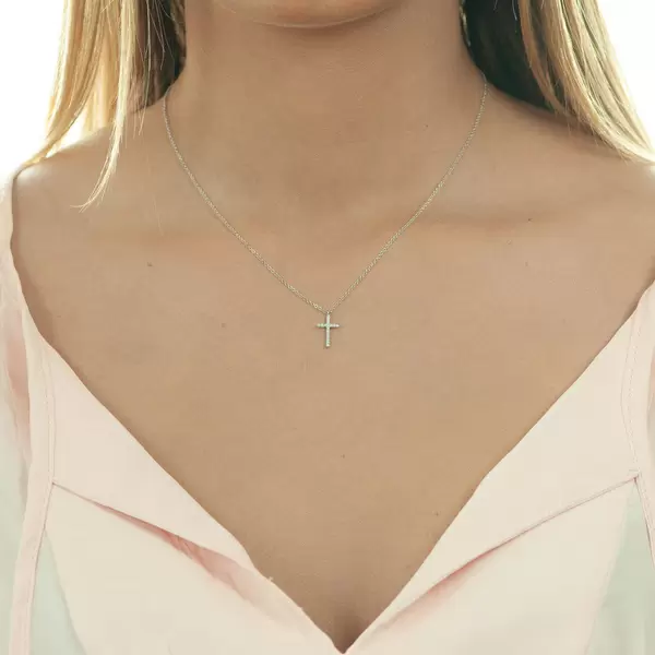 Leaf Jewelry Halskette Kreuz mit Diamanten, 18 K Weißgold Kostenloser Versand