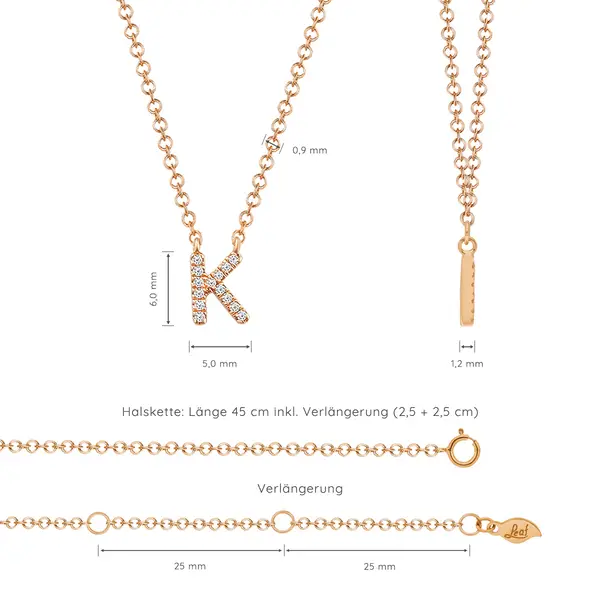 Leaf Jewelry Halskette Letter "K", 14 K Rosegold mit Diamanten Muttertagsangebot