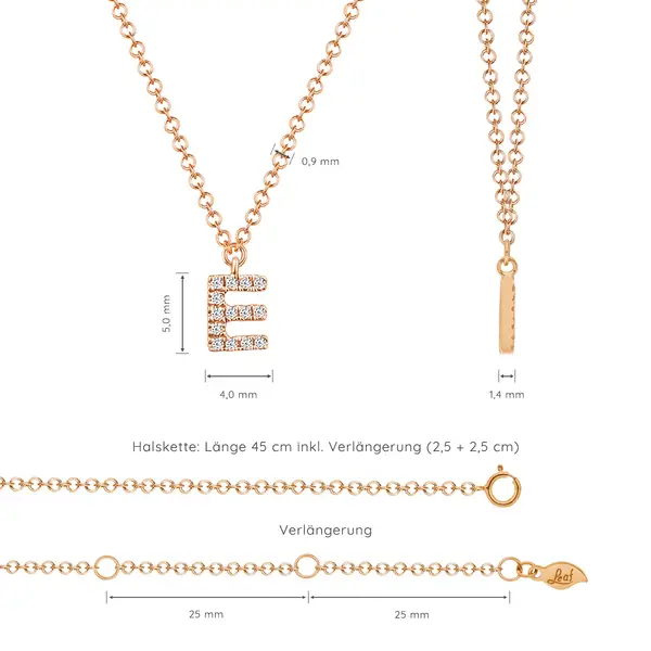 Leaf Jewelry Halskette Letter "E", 14 K Rosegold mit Diamanten Kostenloser Versand international