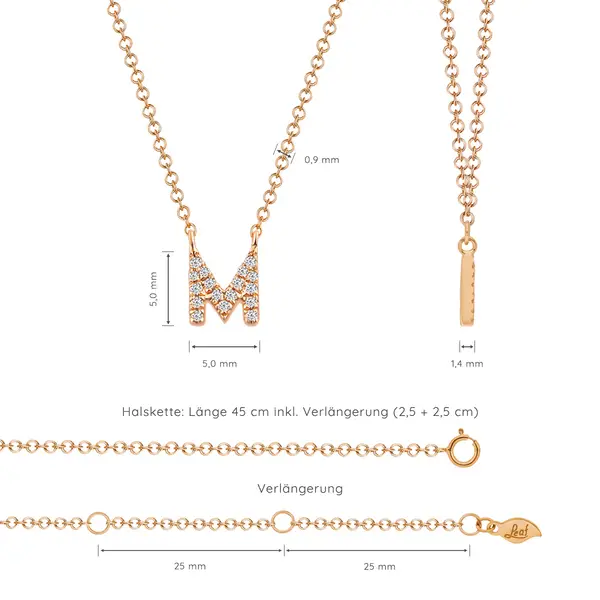 Leaf Jewelry Halskette Letter "M", 14 K Rosegold mit Diamanten Speichern exportieren