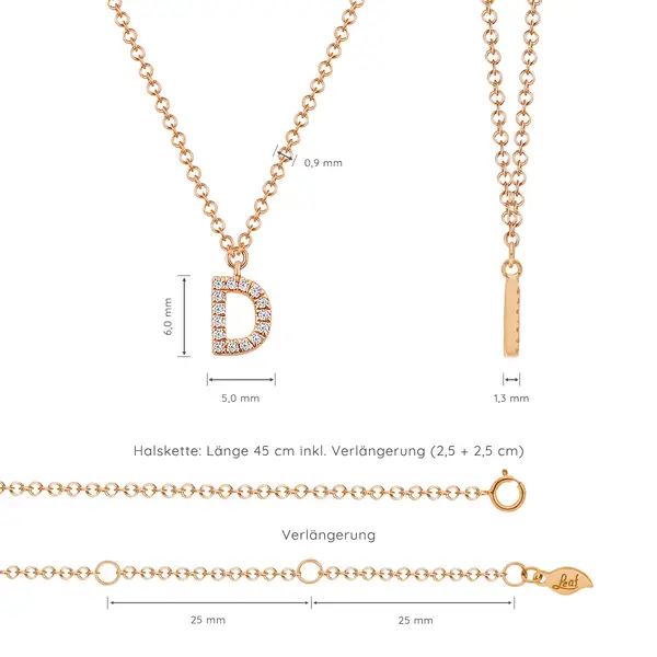 Leaf Jewelry Halskette Letter "D", 14 K Rosegold mit Diamanten Neueste Mode