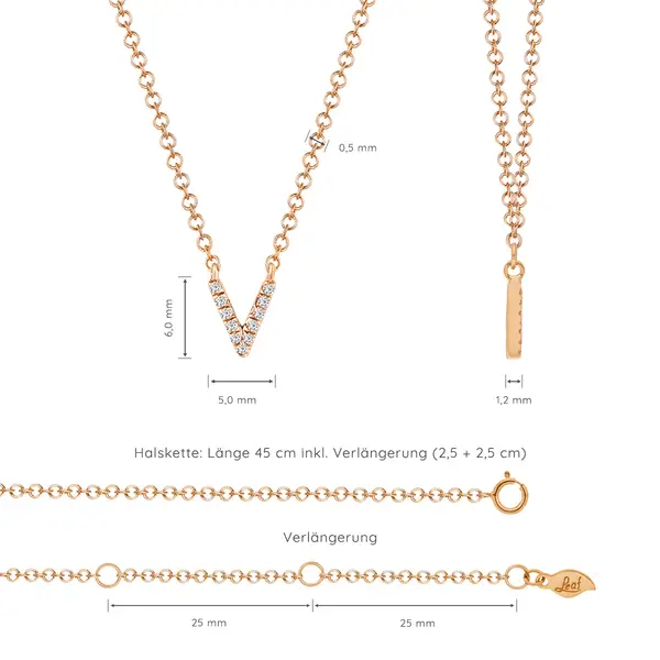 Leaf Jewelry Halskette Letter "V", 14 K Rosegold mit Diamanten Online Outlet