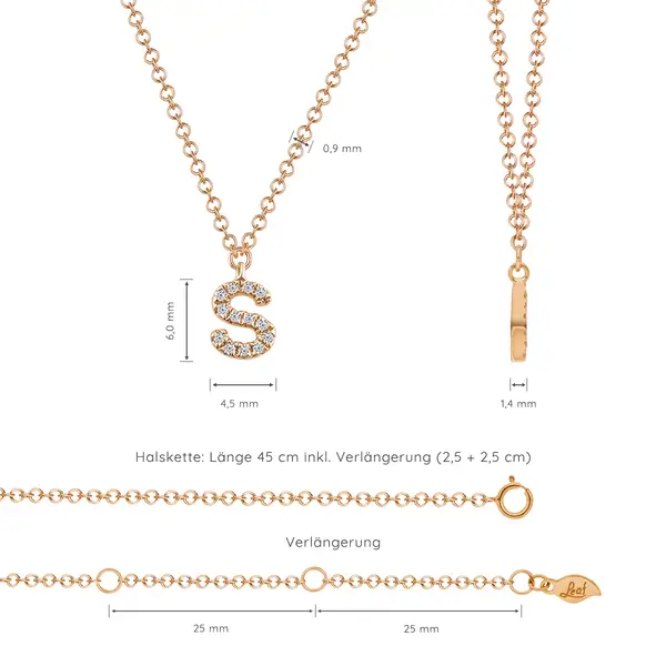 Leaf Jewelry Halskette Letter "S", 14 K Rosegold mit Diamanten Begrenzte Freigabe