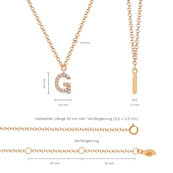 Leaf Jewelry Halskette Letter "G", 14 K Rosegold mit Diamanten Im Verkauf