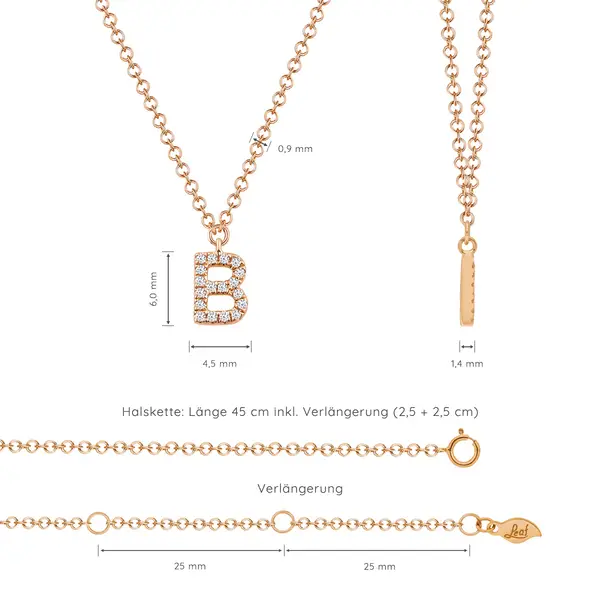 Leaf Jewelry Halskette Letter "B", 14 K Rosegold mit Diamanten Rabatt
