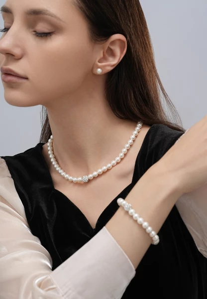 Leslii Armband Glitzer Perlen-Armband Muschelkern-Perlen Strass-Kugel dehnbar Weiß Neueste Mode