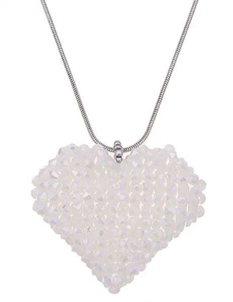 SALE! Leslii Damen-Kette Glasperlen Herz-Anhänger Heart lange Modeschmuck-Kette Silber Weiß Online Shopping