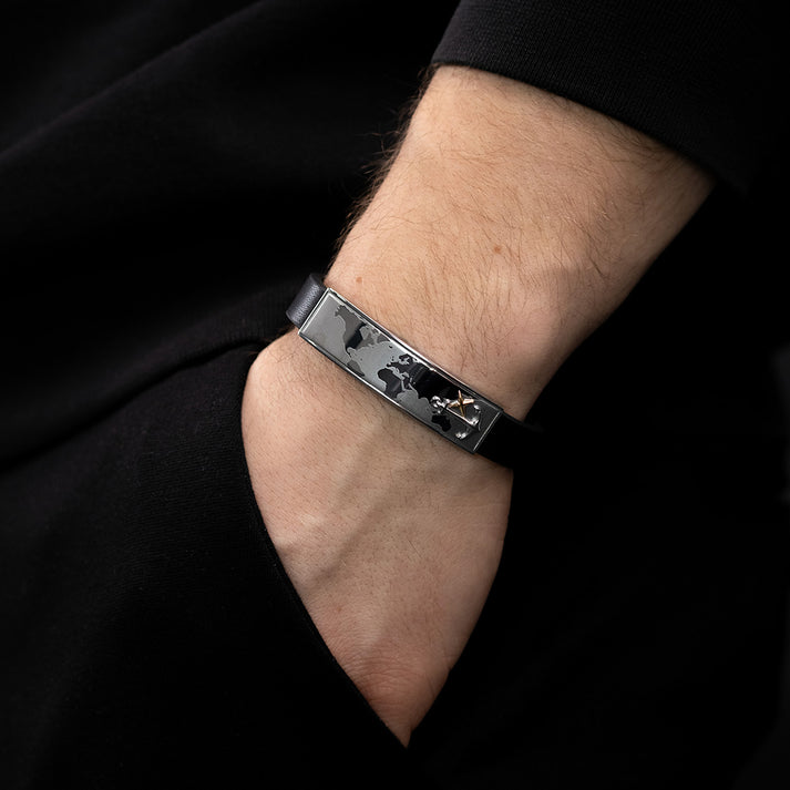 Save Brave Lederarmband Worldanchor schwarz - Welt & Anker gold zollfrei
