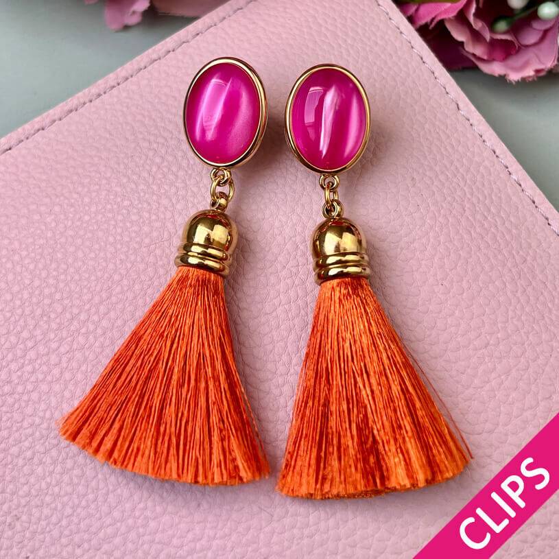 SchwesterSchwester Vergoldete Ohrclips in Pink mit Quaste in Rostorange von AmuseToi Valentinstagsangebot