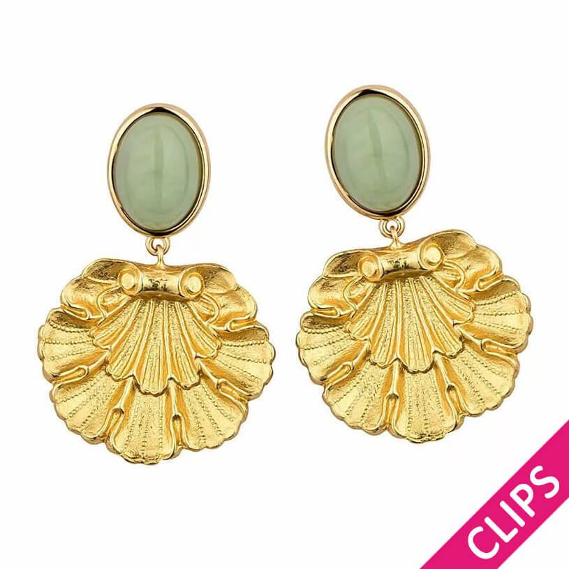 SchwesterSchwester Vergoldete Ohrclips in Jadegrün mit goldenem Muschelornament von AmuseToi Lagerräumung