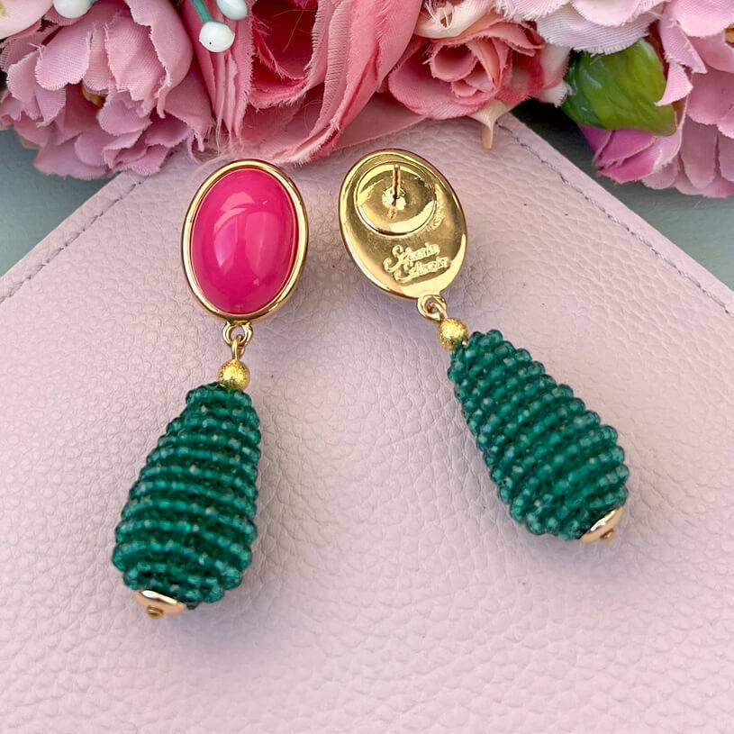 SchwesterSchwester Pinkfarbene Ohrstecker mit glitzerndem dunkelgrünen Tropfen von AmuseToi Kostenloser Versand