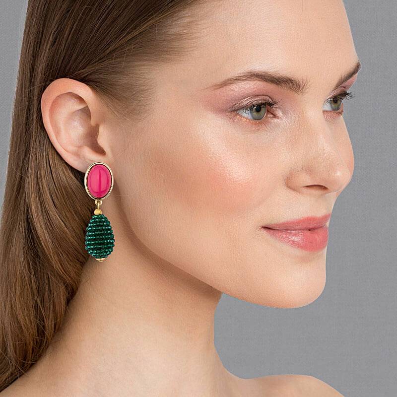 SchwesterSchwester Pinkfarbene Ohrstecker mit glitzerndem dunkelgrünen Tropfen von AmuseToi Kostenloser Versand