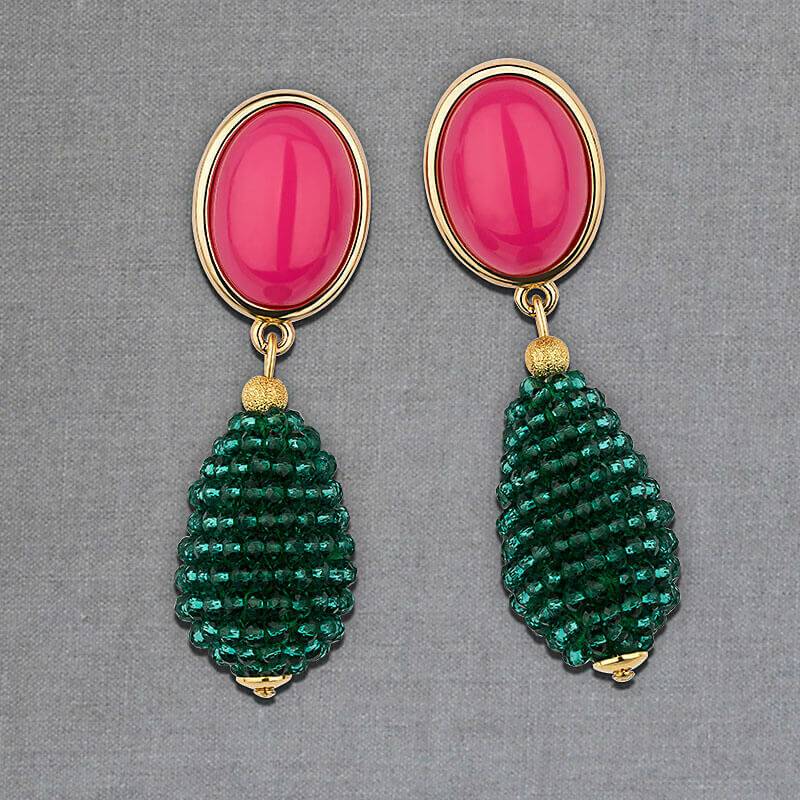 SchwesterSchwester Pinkfarbene Ohrstecker mit glitzerndem dunkelgrünen Tropfen von AmuseToi Kostenloser Versand