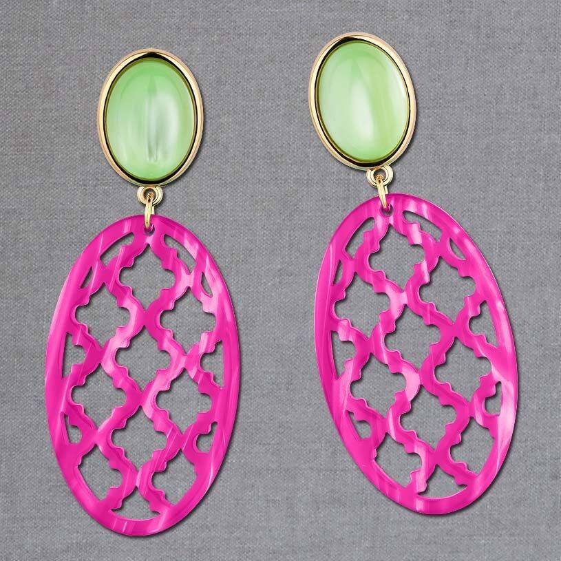SchwesterSchwester Vergoldete Ohrstecker in wunderschönem Hellgrün mit Oval in Pink im Marrakesch-Stil Sonderangebote