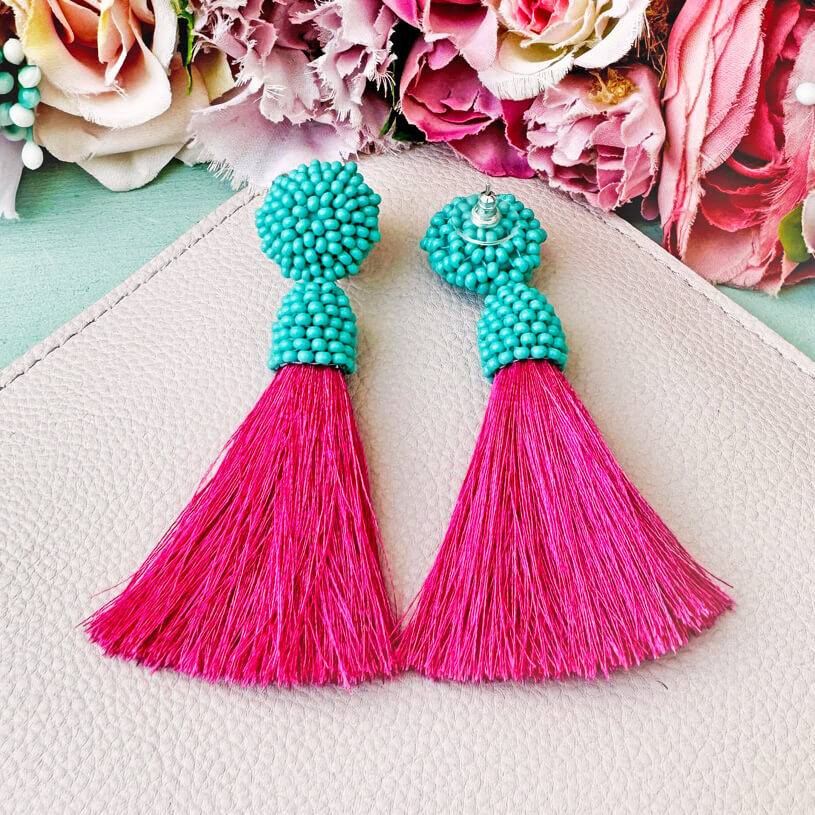 SchwesterSchwester Farbenfrohe Perlen-Quastenohrringe in Türkis und Pink Online Outlet