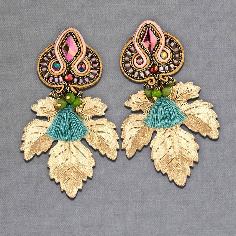SchwesterSchwester Rosafarbene Soutache-Ohrstecker kleinen hellblauen Quasten und goldenen Blättern Kostenloser Versand international